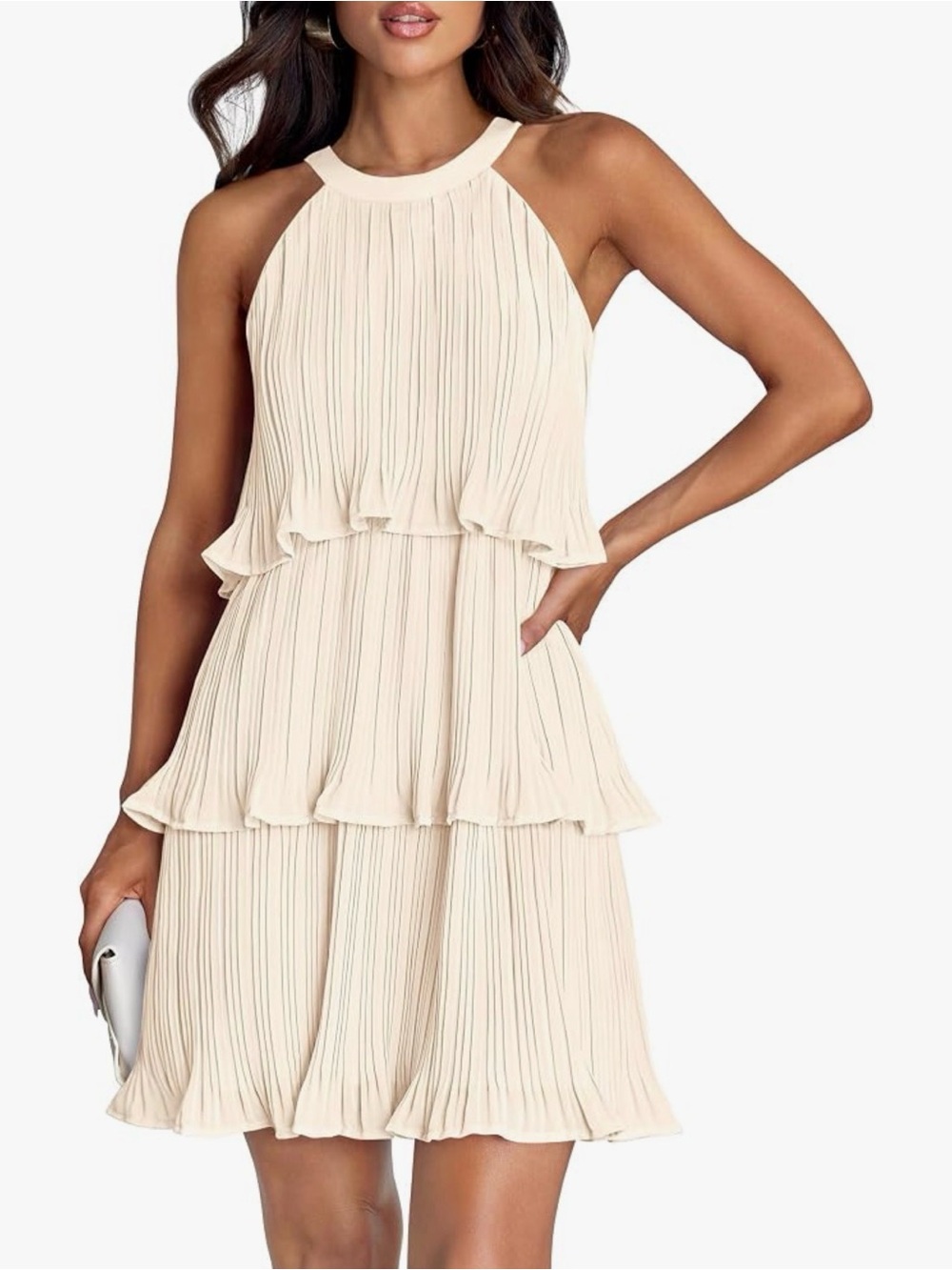 ZESICA Pleated Summer Halter Ruffle Tiered Mini Wedding Shower Cocktail Dress